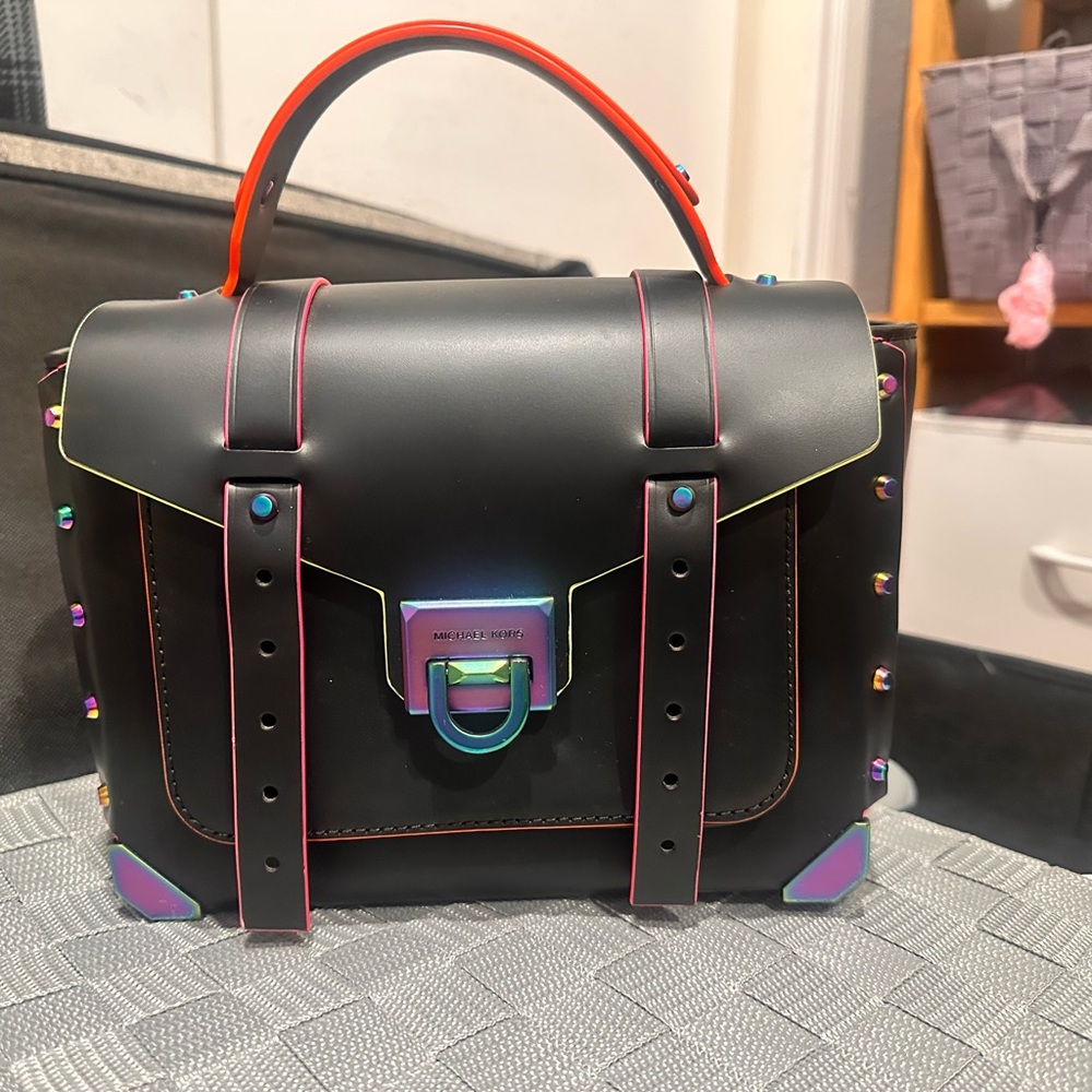 Michael Kors Black Satchel with Rainbow Accents